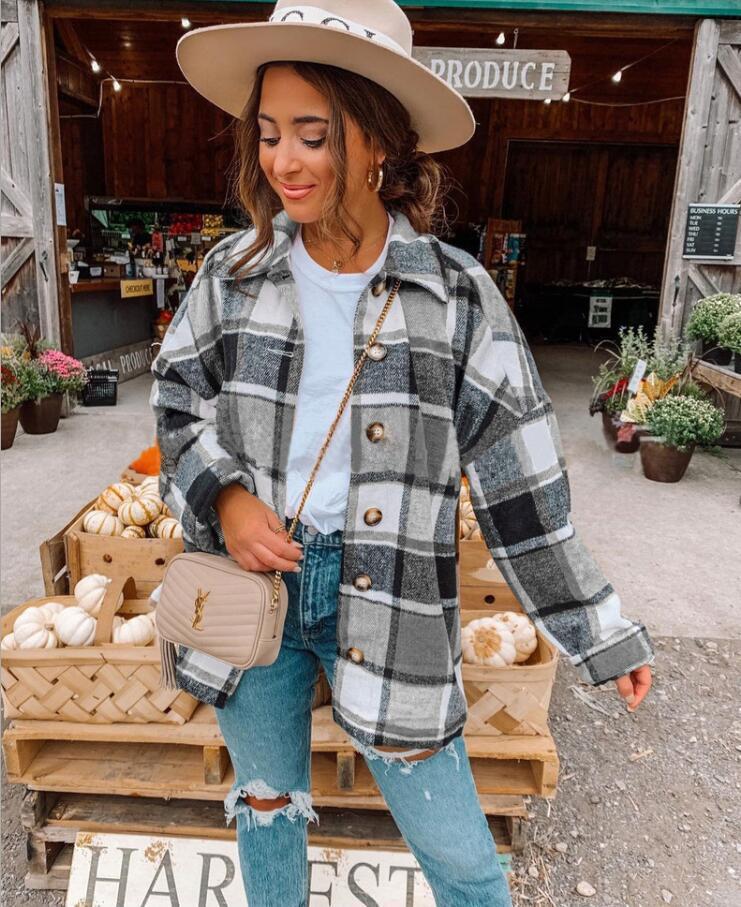 Autumn and Winter Long Sleeve Plaid Printed Shirt Coat