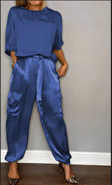 Women Two Piece Set, Smooth Satin Half-sleeved Top and Pants Set