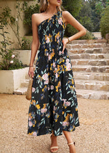 One Shoulder Maxi Dress, Elegant Slant-Shoulder Maxi Dress