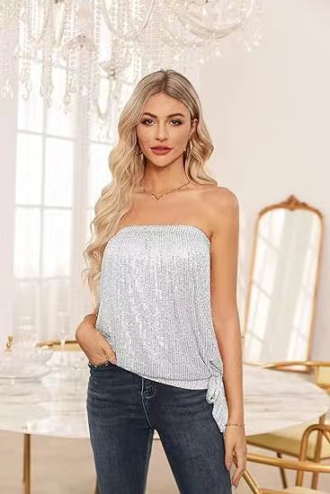 Women's Sequin Vest, Solid Color Halter Women's Sequined Slightly Elastic Vest