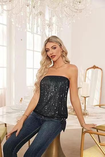 Women's Sequin Vest, Solid Color Halter Women's Sequined Slightly Elastic Vest