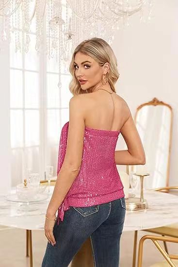 Women's Sequin Vest, Solid Color Halter Women's Sequined Slightly Elastic Vest