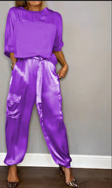 Women Two Piece Set, Smooth Satin Half-sleeved Top and Pants Set