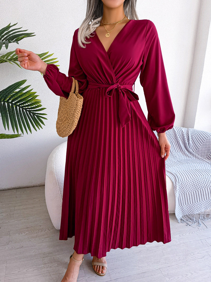 Long Sleeve Pleated Maxi Dress, Elegant V Neck Long Sleeve Pleated Maxi Dress