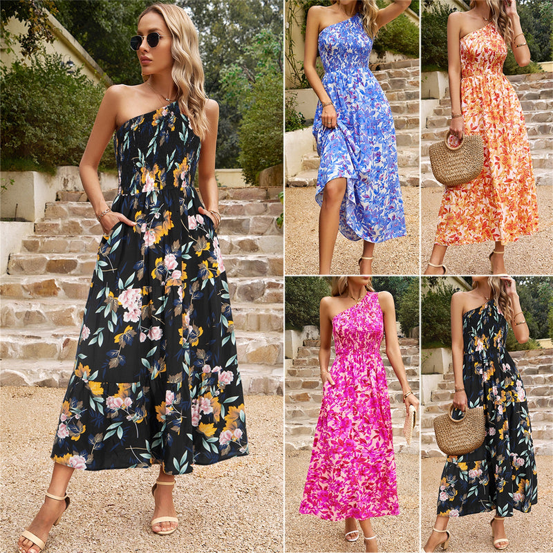 One Shoulder Maxi Dress, Elegant Slant-Shoulder Maxi Dress