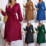 Long Sleeve Pleated Maxi Dress, Elegant V Neck Long Sleeve Pleated Maxi Dress