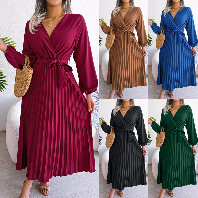 Long Sleeve Pleated Maxi Dress, Elegant V Neck Long Sleeve Pleated Maxi Dress