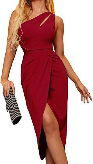 One Shoulder Hollowed Out Pleats Tight Sleeveless Slit Party Dress Skirt Women