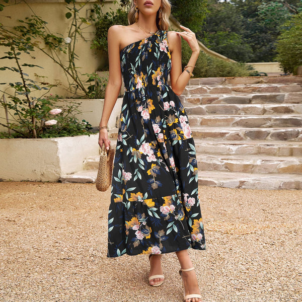 One Shoulder Maxi Dress, Elegant Slant-Shoulder Maxi Dress