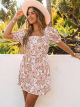 Female Flower Print Fluffy Sleeve Dress