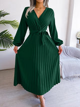 Long Sleeve Pleated Maxi Dress, Elegant V Neck Long Sleeve Pleated Maxi Dress