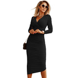 RUCHED SURPLICE LONG SLEEVE MIDI DRESS